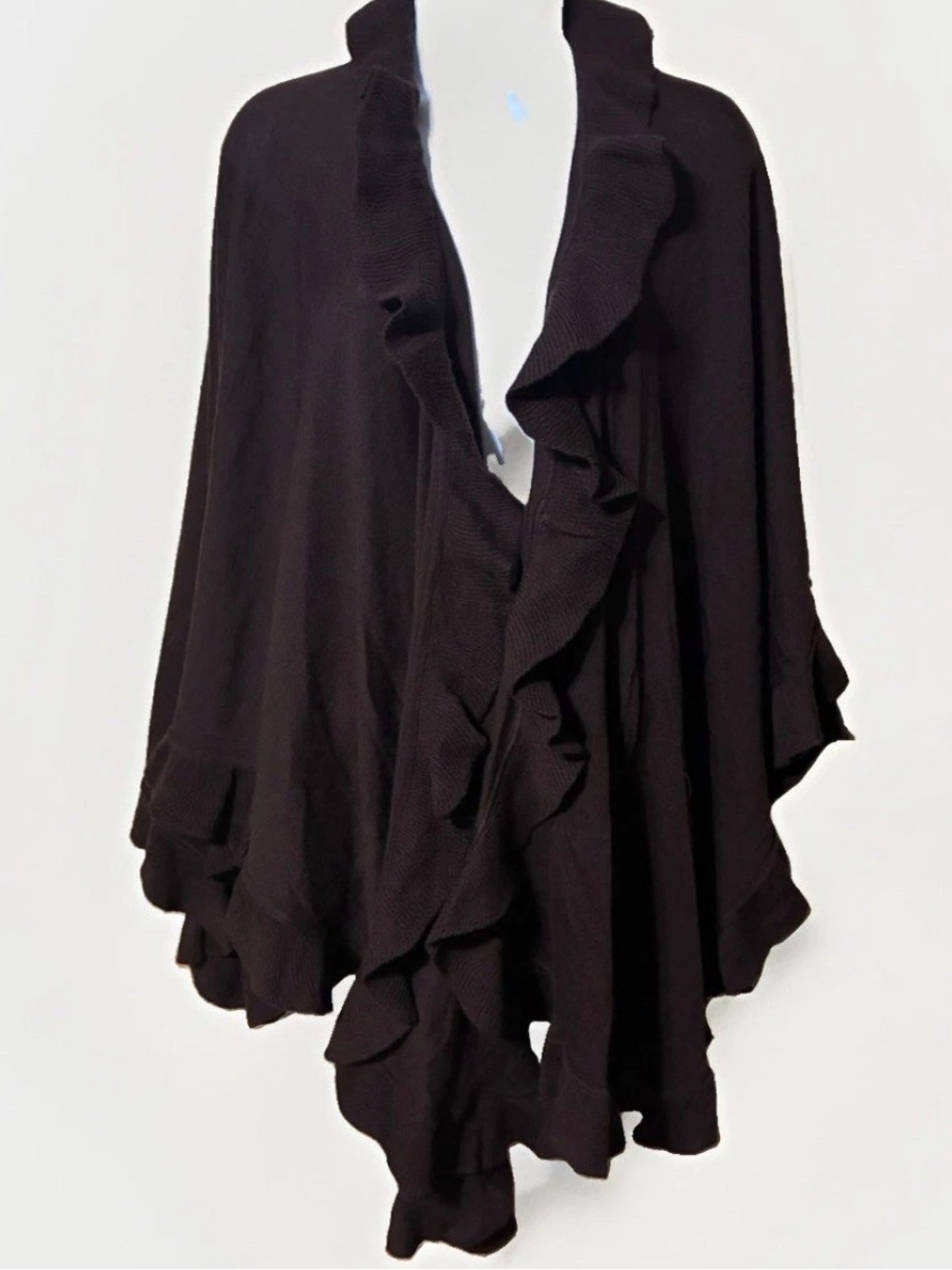Lord & Taylor Extra Fine Merino Wool Ruffle Shawl Cape Brown OS Italy Luxury